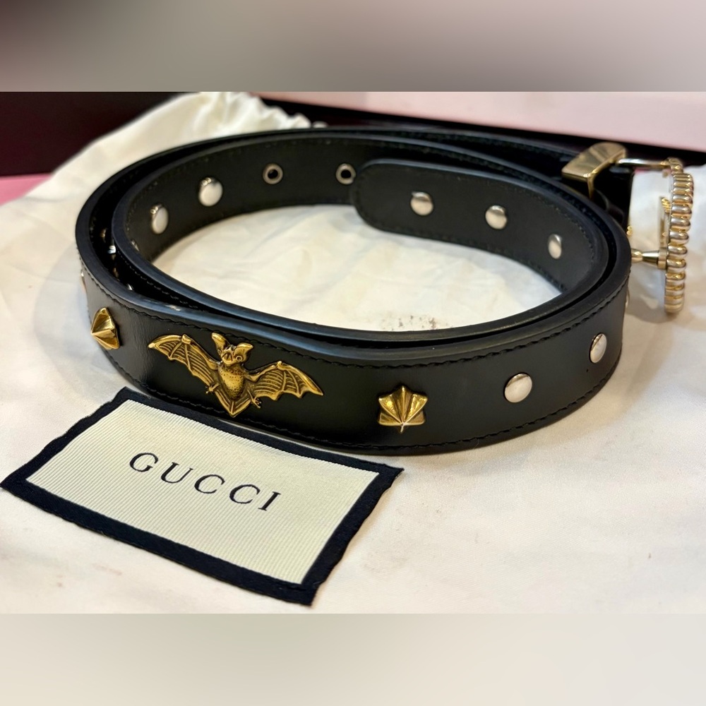 GUCCI Black Leather Double G Buckle Studded Belt Accents and Bat Detail🔥 EUC!! - Picture 9 of 16